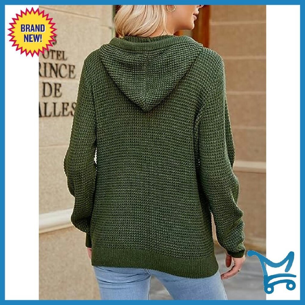 Oversized V-Neck Hoodie Sweater with Pockets, 100% Acrylic, Loose Fit - Picture 3 of 8